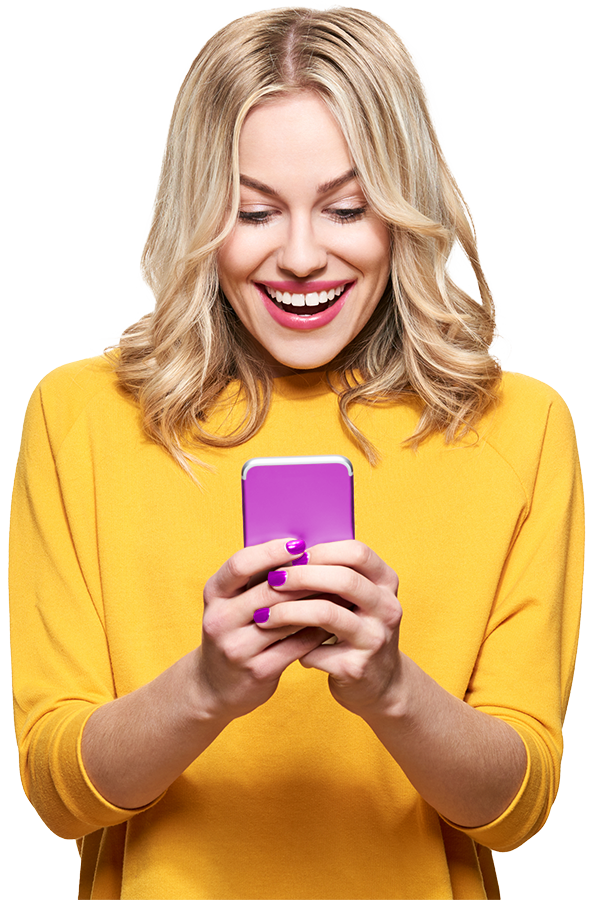 woman with pink phone in hand smile woman smiling at success of marketing campaign
